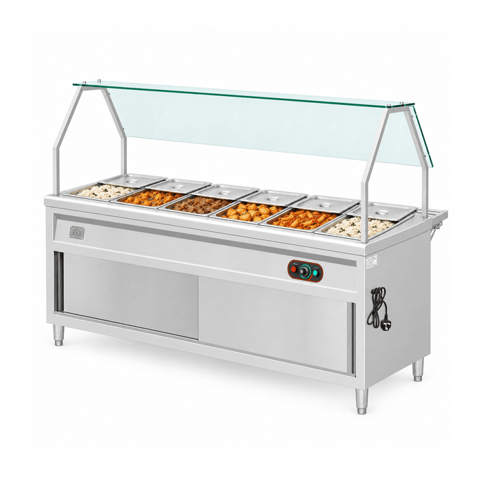 KRD KR-B02-6 bain marie with prepared hot foods and partly open lids on a white background