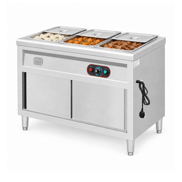 KRD KR-B03-3 bain marie with rice, chicken curry and doner meat in three pans, lids partly open, on a white background