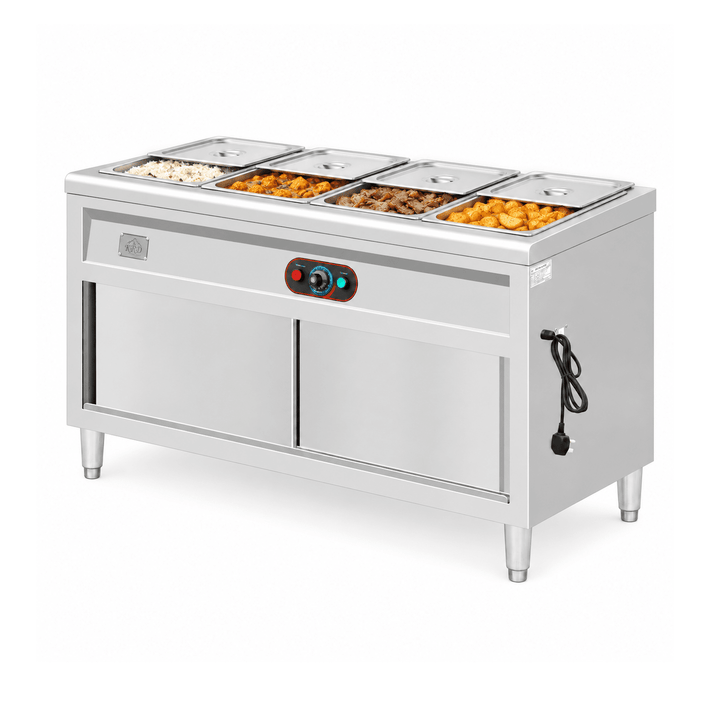 KRD KR-B03-4 bain marie with prepared hot foods and partly open lids on a white background
