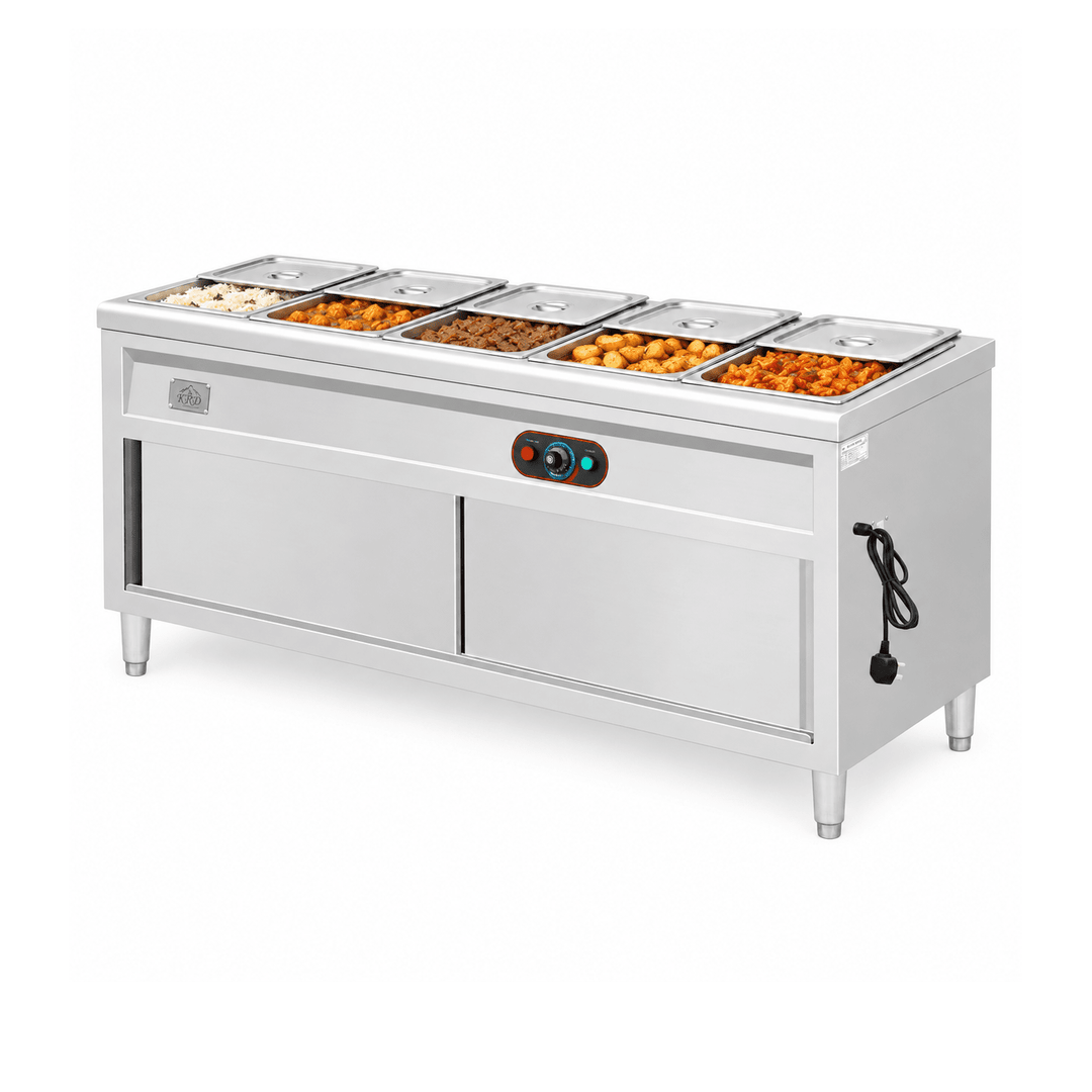 KRD KR-B03-5 bain marie with prepared hot foods and partly open lids on a white background
