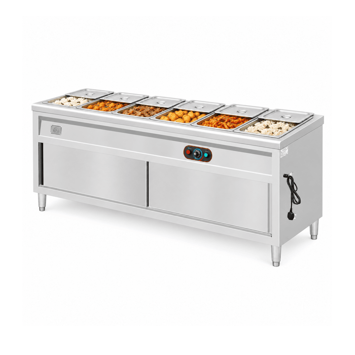 KRD KR-B03-6 bain marie with prepared hot foods and partly open lids on a white background