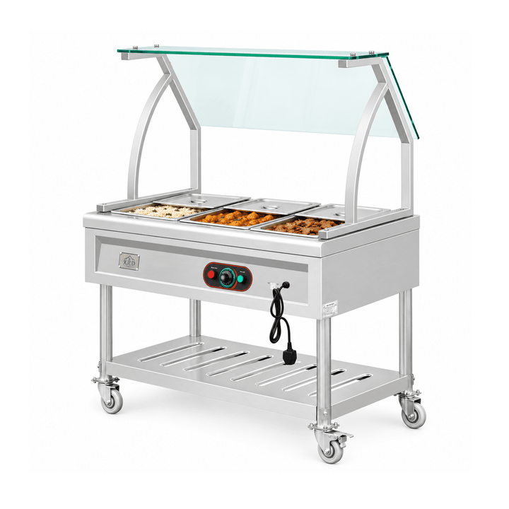 KRD KR-B04-3 bain marie with prepared hot foods and partly open lids on a white background