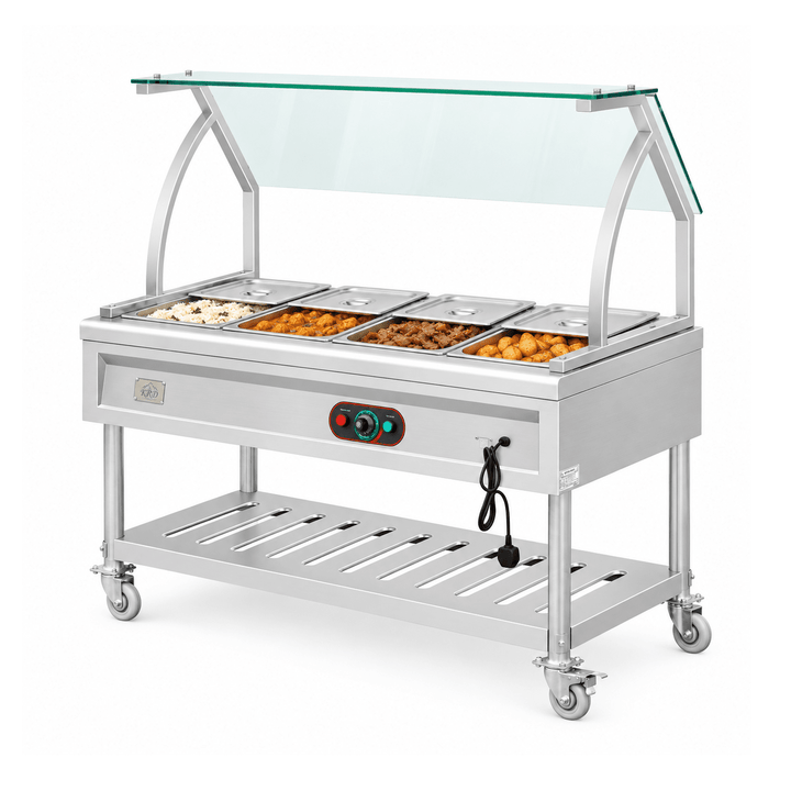 KRD KR-B04-4 bain marie with prepared hot foods and partly open lids on a white background