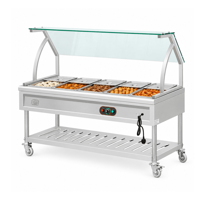 KRD KR-B04-5 bain marie with prepared hot foods and partly open lids on a white background