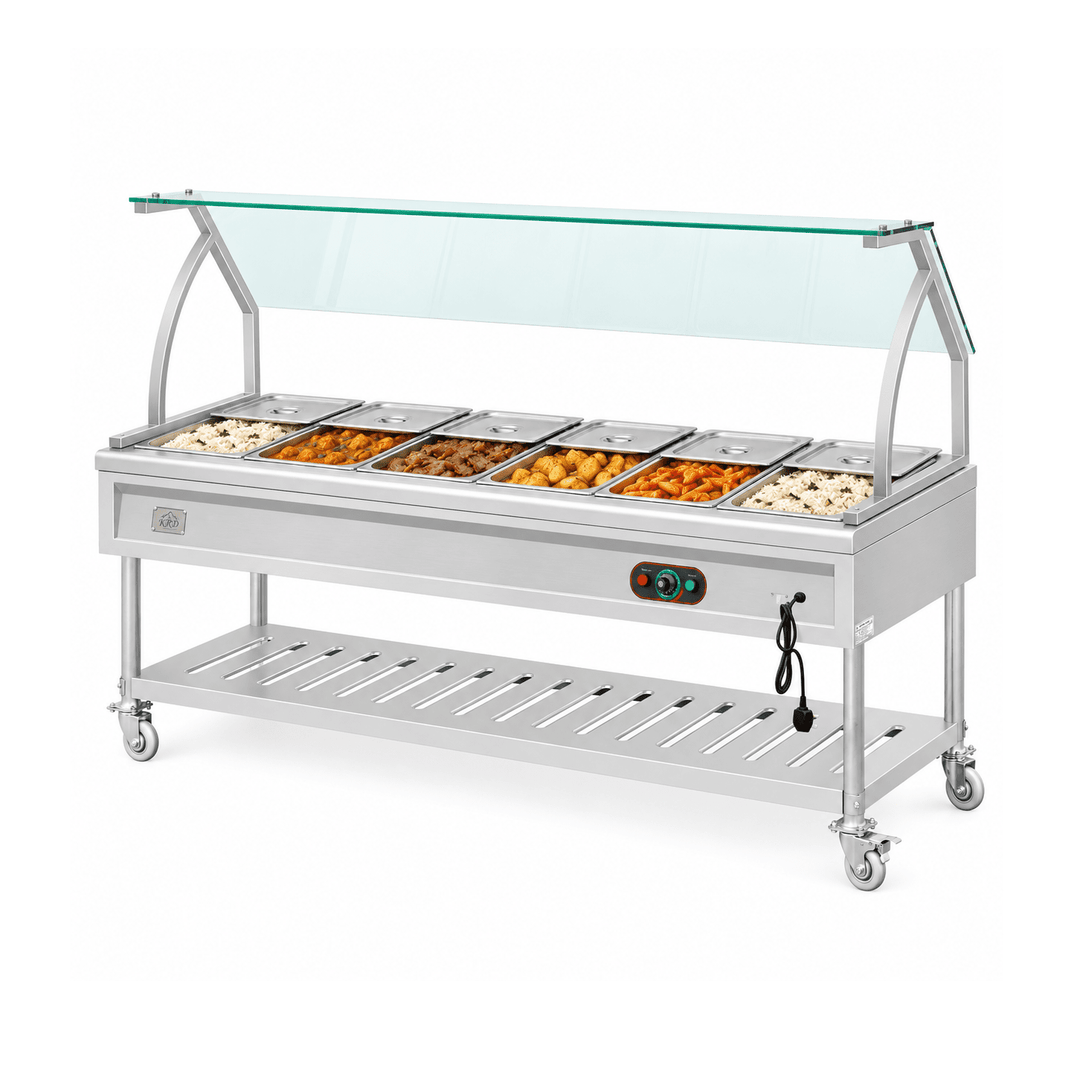 KRD KR-B04-6 bain marie with prepared hot foods and partly open lids on a white background