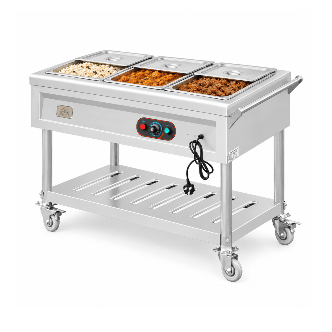 KRD KR-B06-3 bain marie with prepared hot foods and partly open lids on a white background