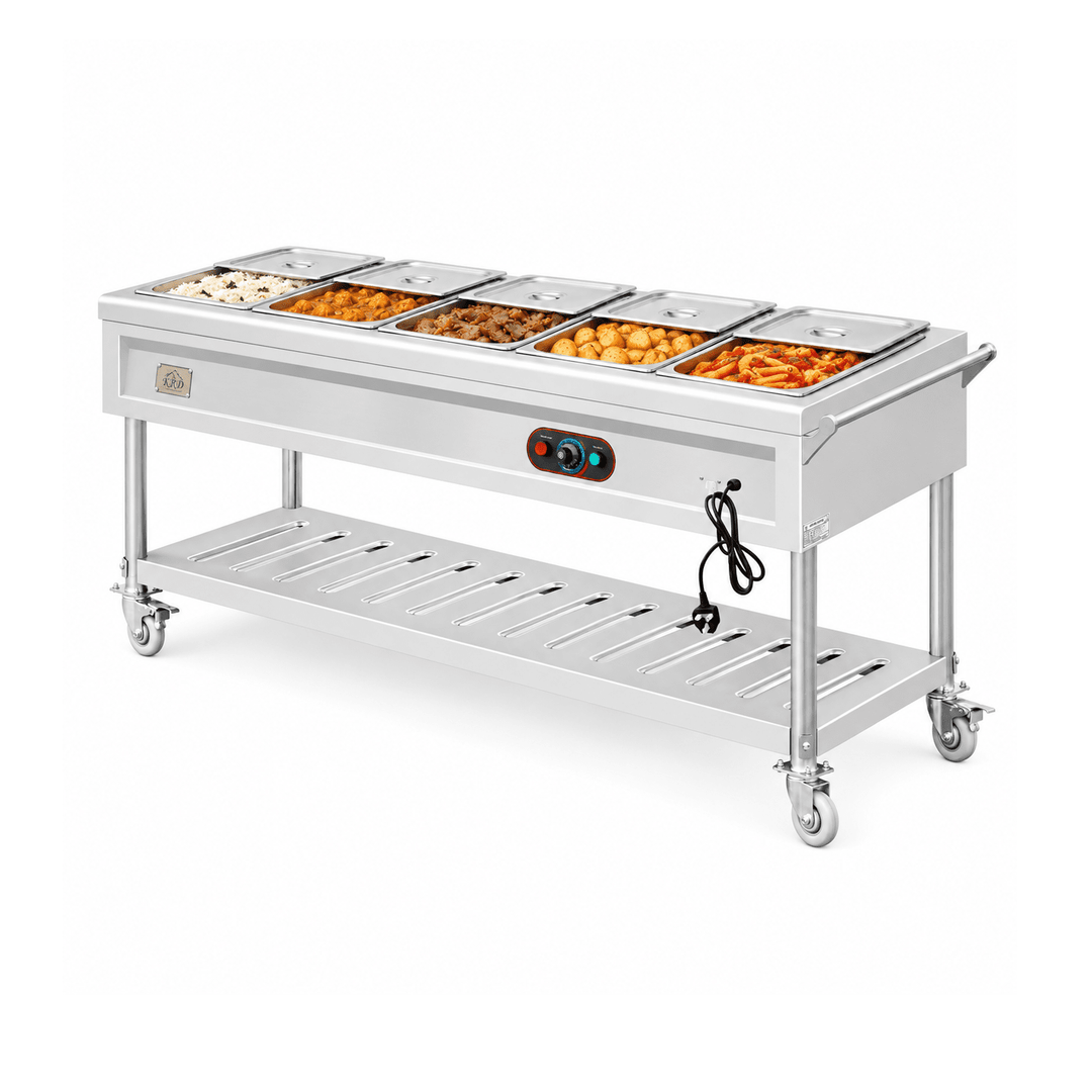 KRD KR-B06-5 bain marie with prepared hot foods and partly open lids on a white background