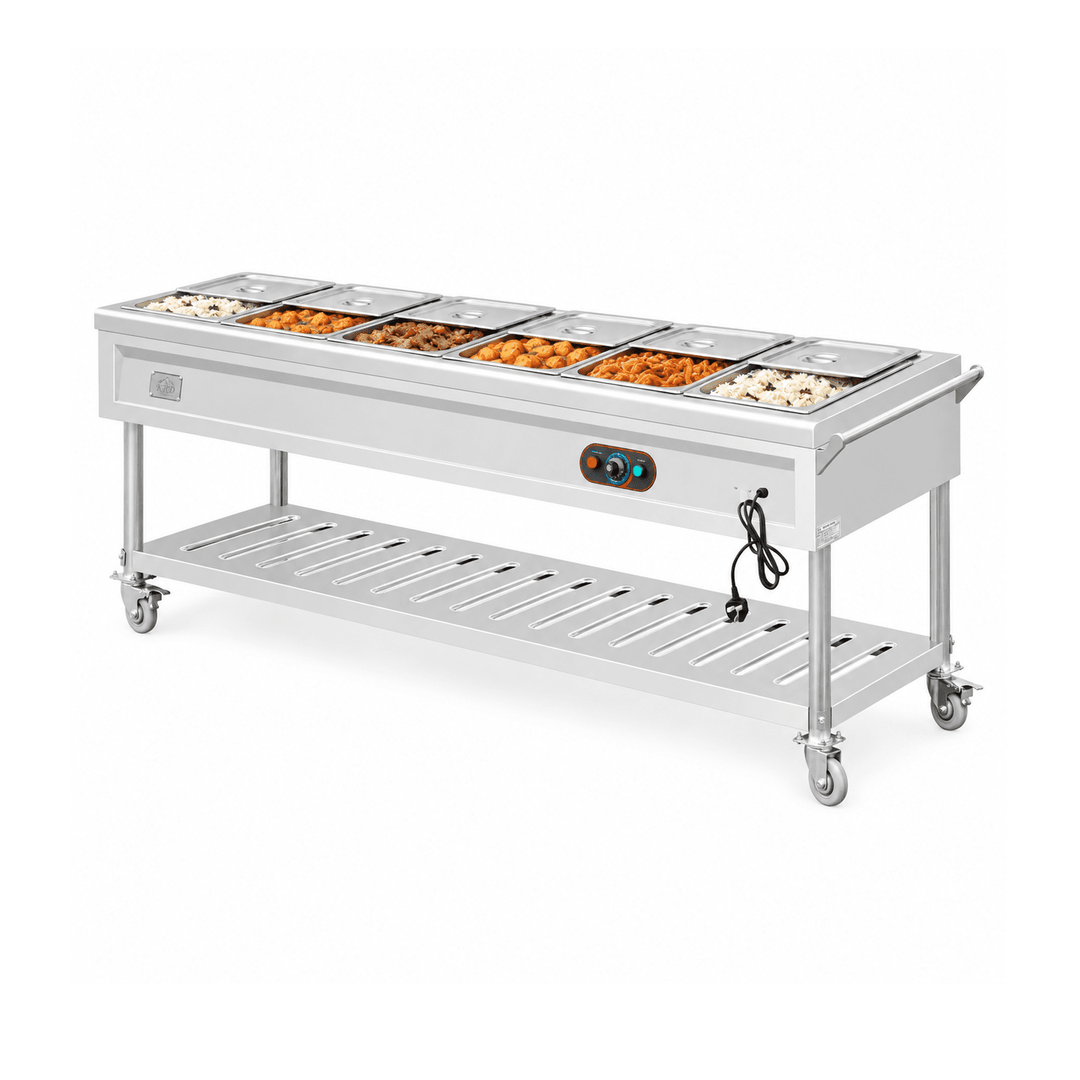 KRD KR-B06-6 bain marie with prepared hot foods and partly open lids on a white background