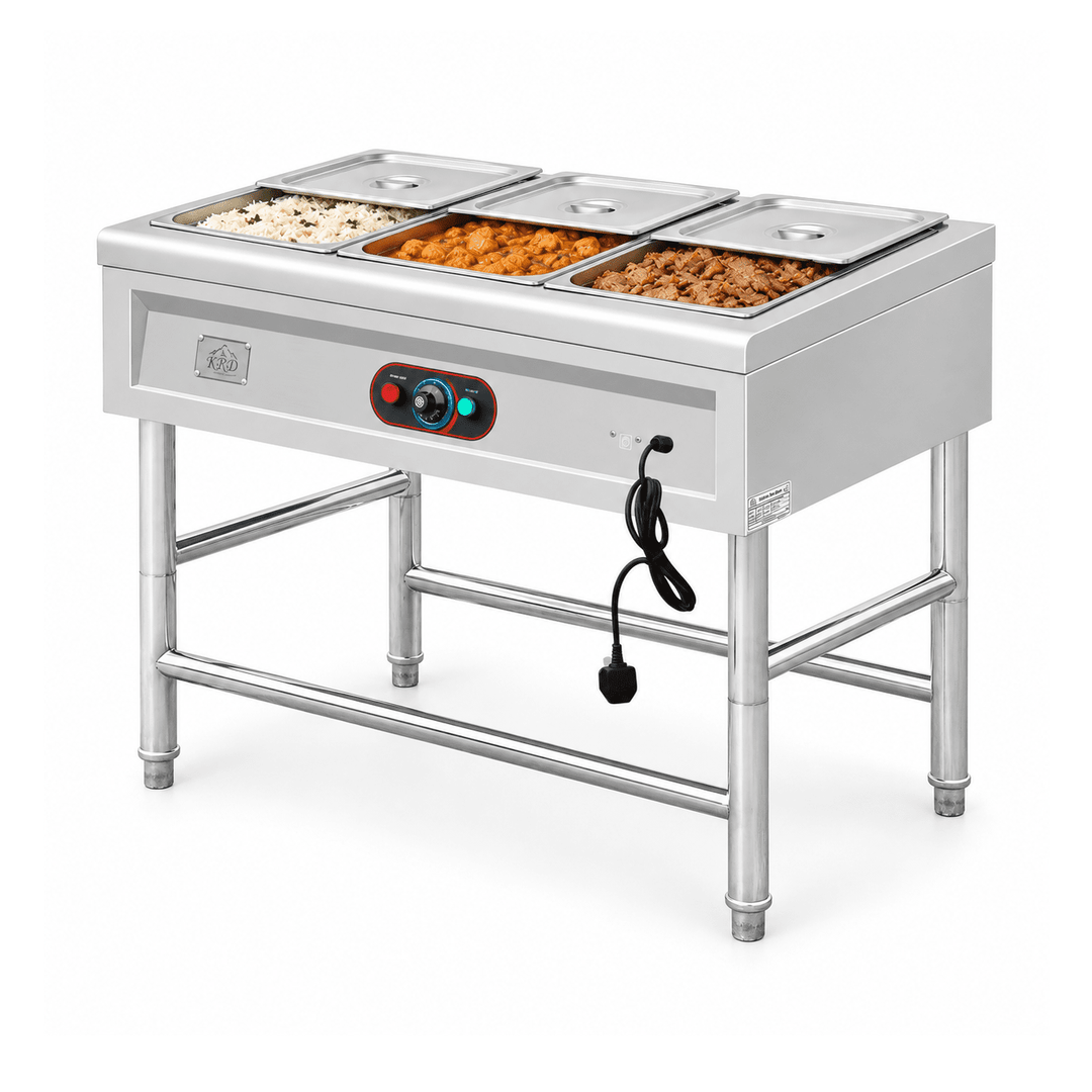 KRD KR-B09-3 bain marie with prepared hot foods and partly open lids on a white background