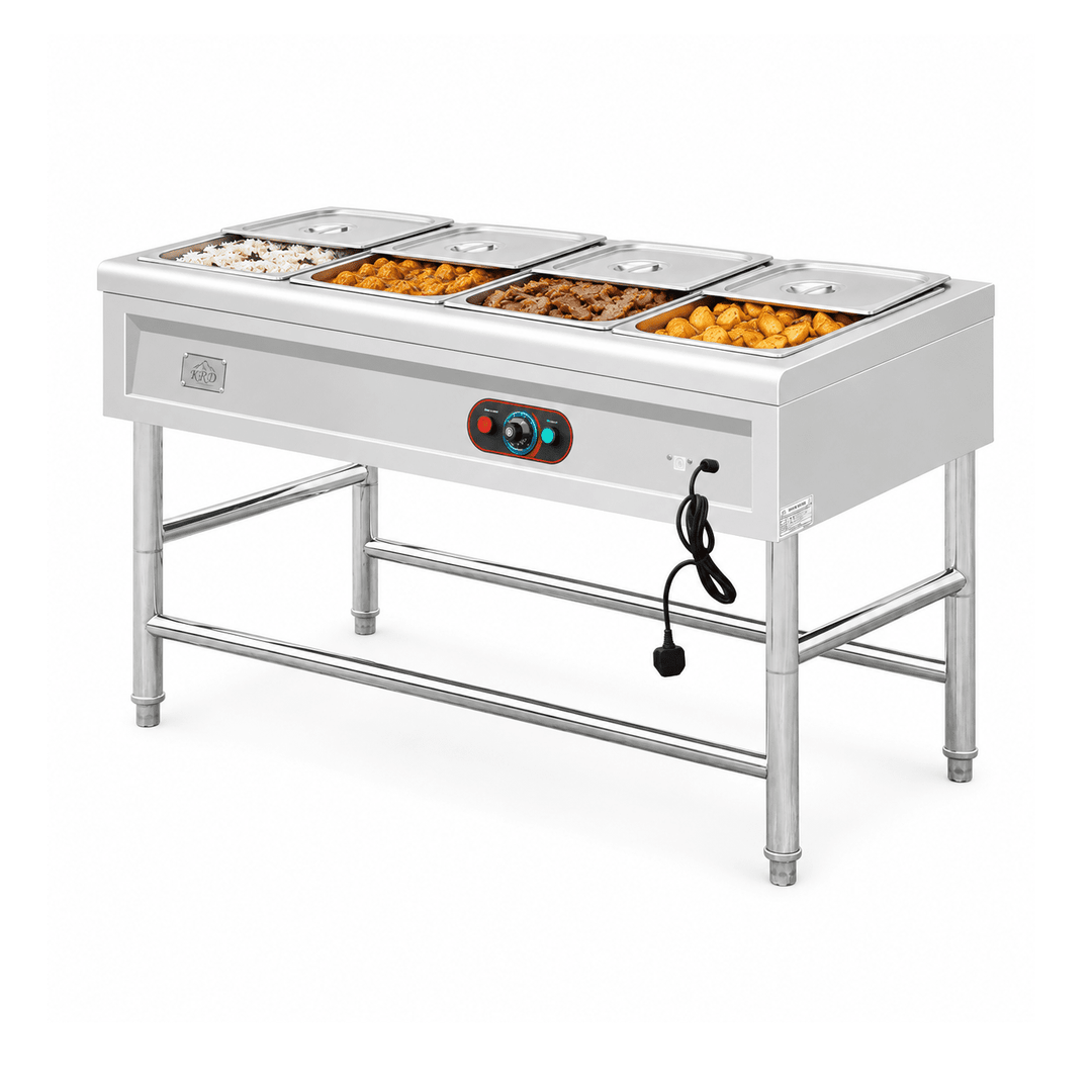 KRD KR-B09-4 bain marie with prepared hot foods and partly open lids on a white background