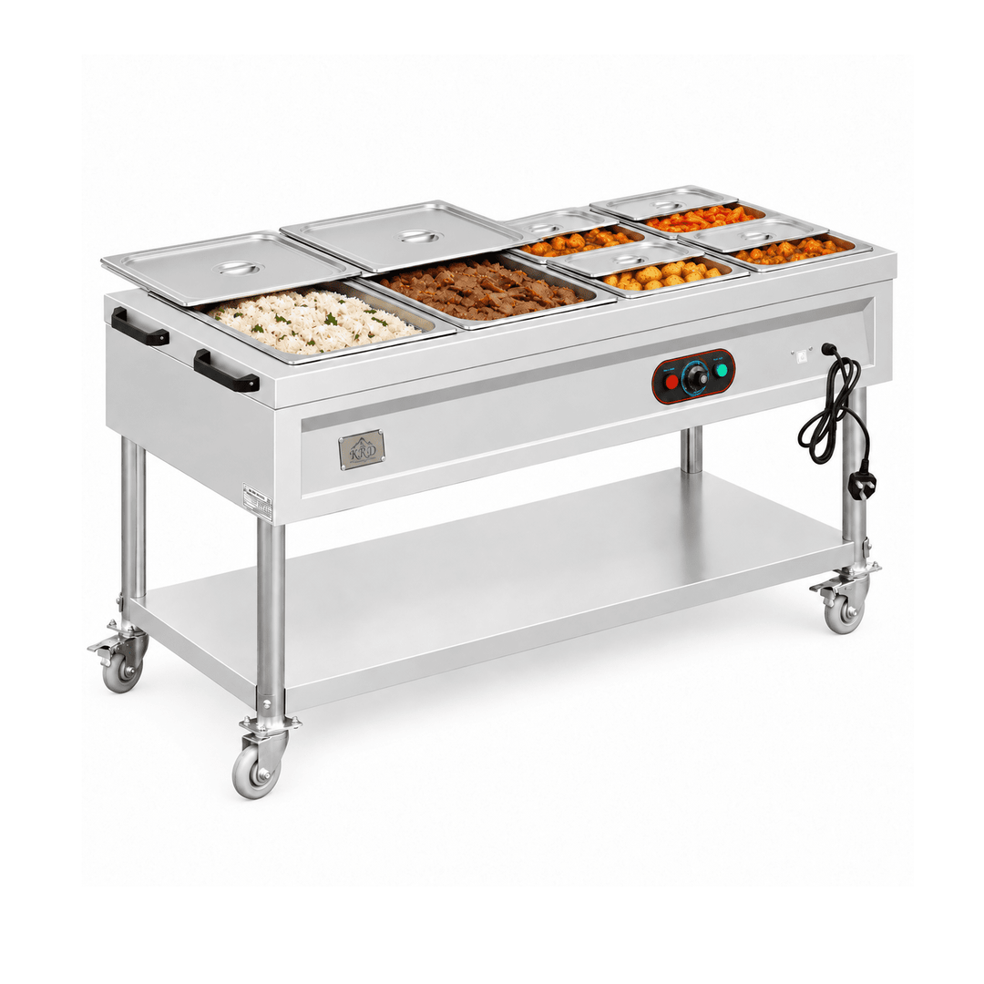 KRD KR-B15 bain marie with prepared hot foods and partly open lids on a white background
