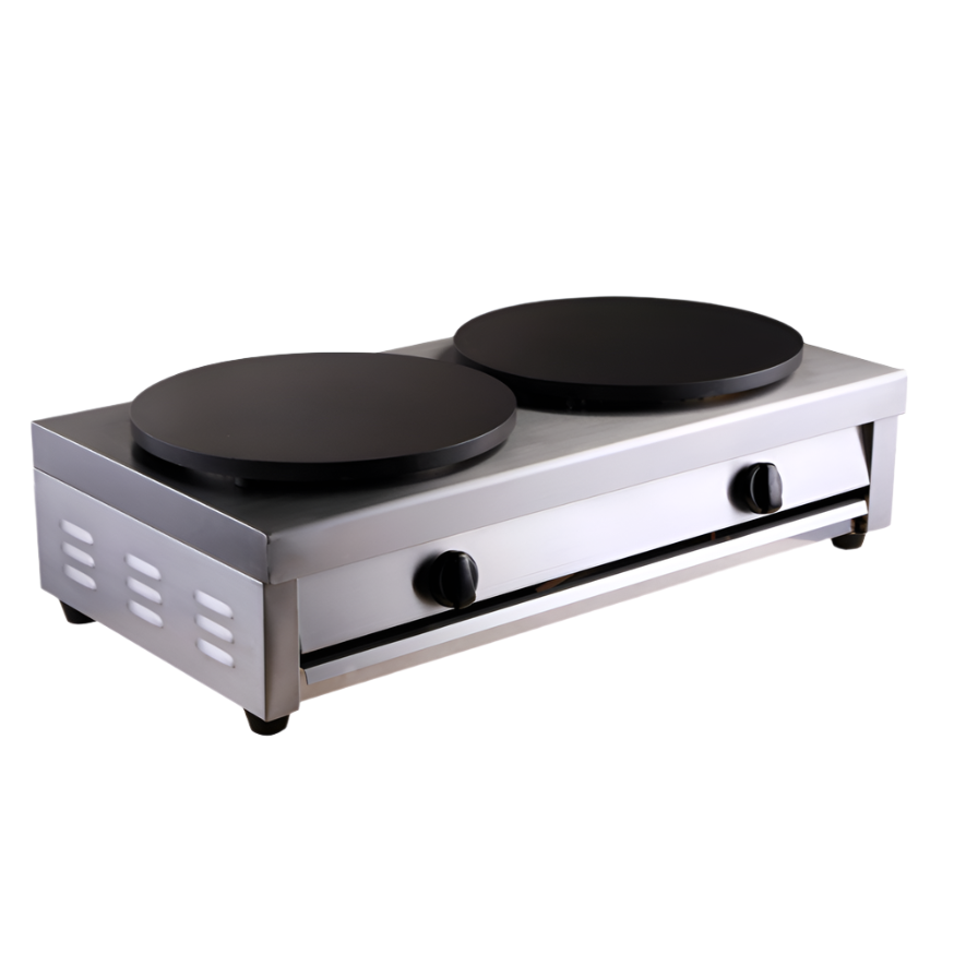 KRD Commercial Gas crepe maker with two 400mm plates, stainless steel body, and control knobs for heating.