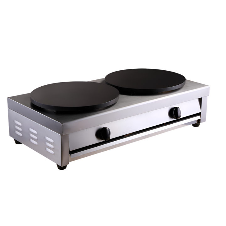 KRD Commercial Gas crepe maker with two 400mm plates, stainless steel body, and control knobs for heating.