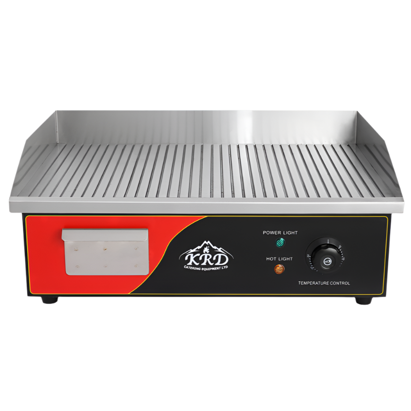 KRD Commercial Griddle 550x450x230mm with steel cooking surface, temperature control, and removable fat collection drawer.