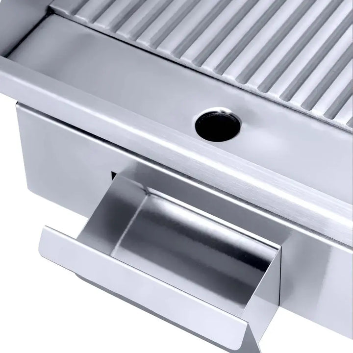 KRD commercial griddle stainless steel cooking surface with removable fat drawer and grooved design.