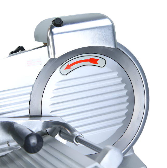 KRD Commercial Meat Slicer B200B4 detail showing 200mm cutting knife and anodized aluminum components.