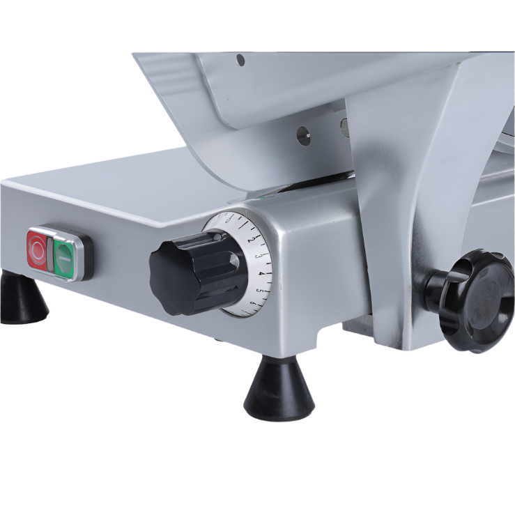 KRD Commercial Meat Slicer B250B4 control panel with power toggle and slicing thickness adjustment knob.