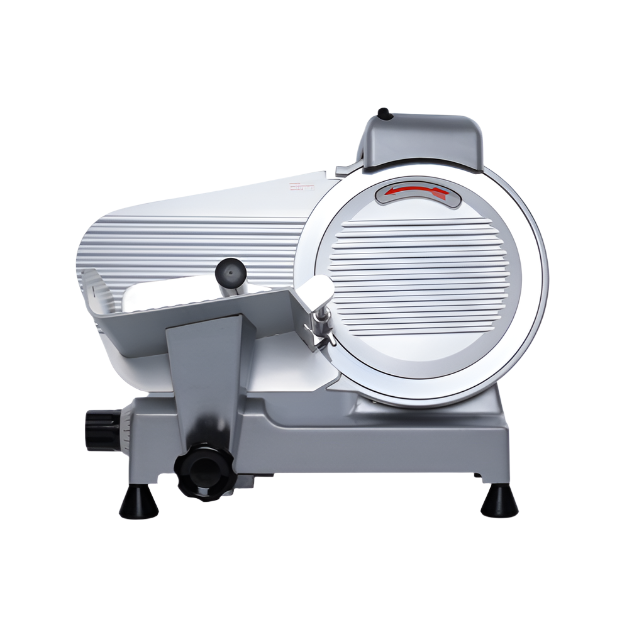 KRD Commercial Meat Slicer B250B4 side view with 250mm cutting knife and anodized aluminum finish.