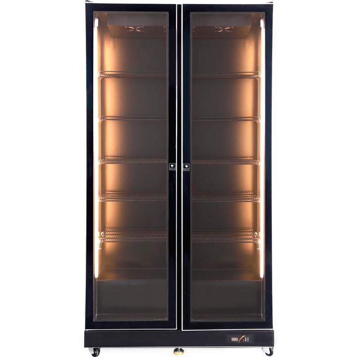 KRD Upright Double Display Refrigerator 2 Hinged Glass Door 110cm LG41100LWA with large capacity and fan cooling.