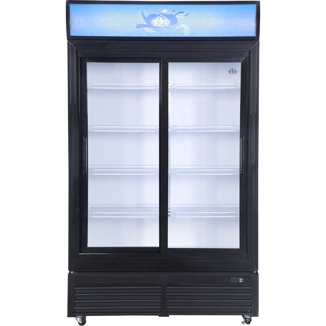 KRD Commercial Double Bottle Cooler Fridge 2 Sliding Glass Door 122cm LGF1000S with two glass doors and shelves for drink storage.