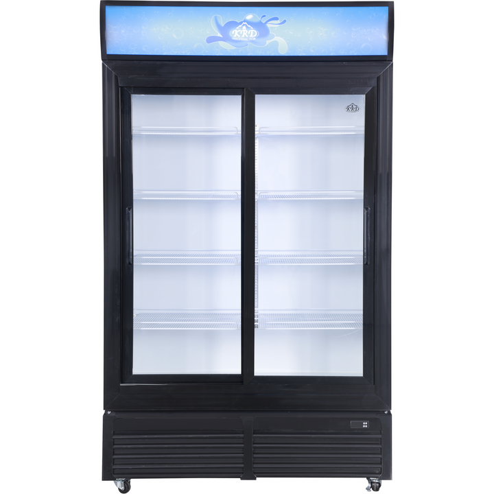 KRD Commercial Double Bottle Cooler Fridge 2 Sliding Glass Door 122cm LGF1000S with two glass doors and shelves for drink storage.