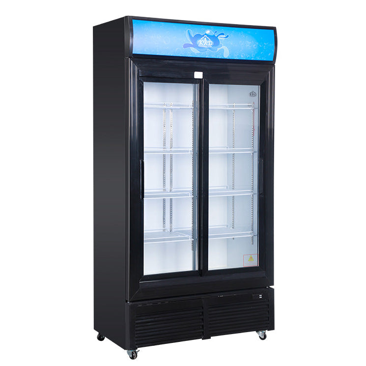 KRD Commercial Double Bottle Cooler Fridge 2 Sliding Glass Door 108cm LGF800S, stainless steel, 800 litre capacity, commercial kitchen equipment.