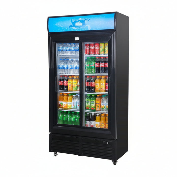 KRD Commercial Double Bottle Cooler Fridge 2 Sliding Glass Door 108cm LGF800S displaying various beverages in a commercial kitchen.