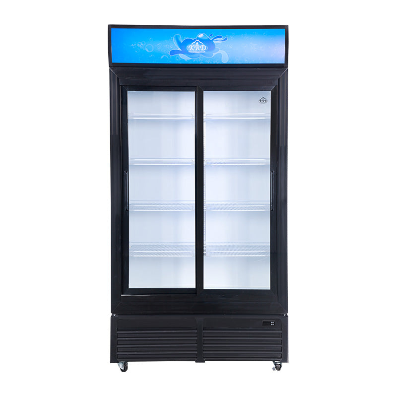 KRD Commercial Double Bottle Cooler Fridge 2 Sliding Glass Door 108cm LGF800S, upright black display fridge for commercial use.
