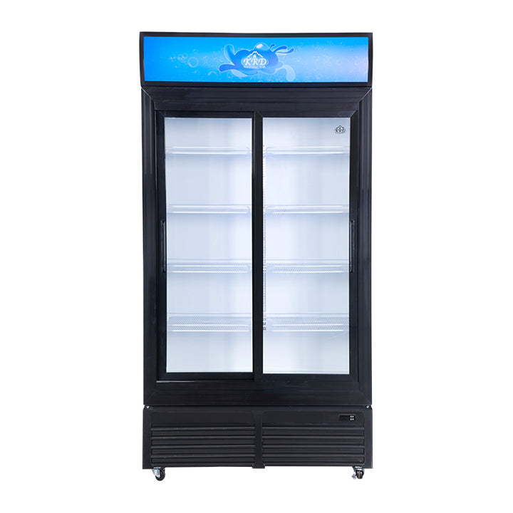 KRD Commercial Double Bottle Cooler Fridge 2 Sliding Glass Door 108cm LGF800S, upright black display fridge for commercial use.