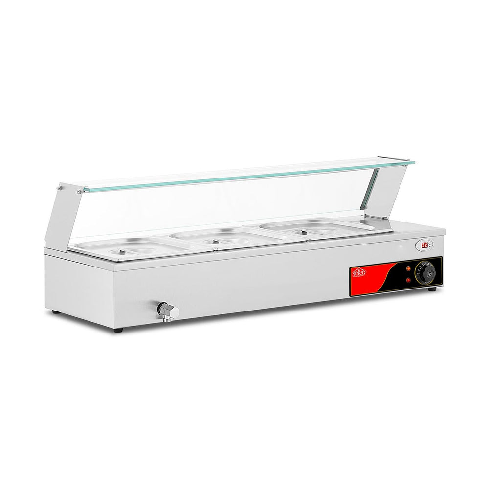 KRD Glass Display Bain Marie Countertop with 3 GN1/2 capacity ideal for buffets and catering.