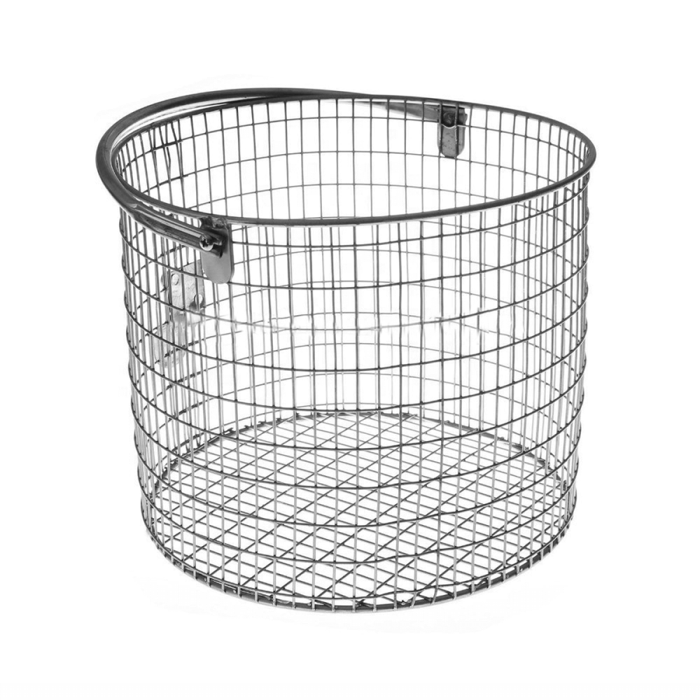 Stainless steel wire basket for food storage and preparation, versatile and durable kitchen accessory.