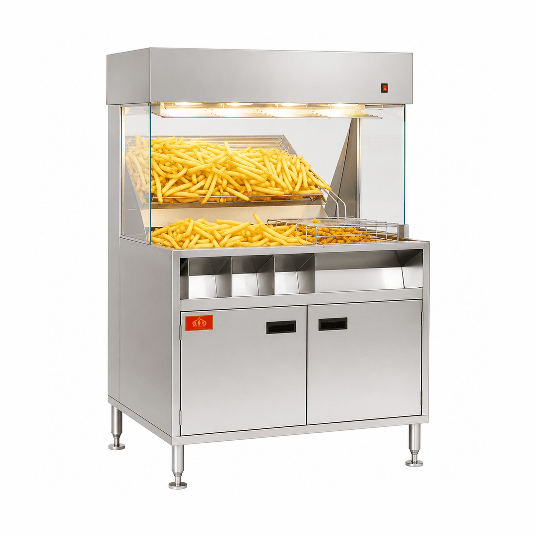 Stainless steel food warmer with French fries inside on a white background