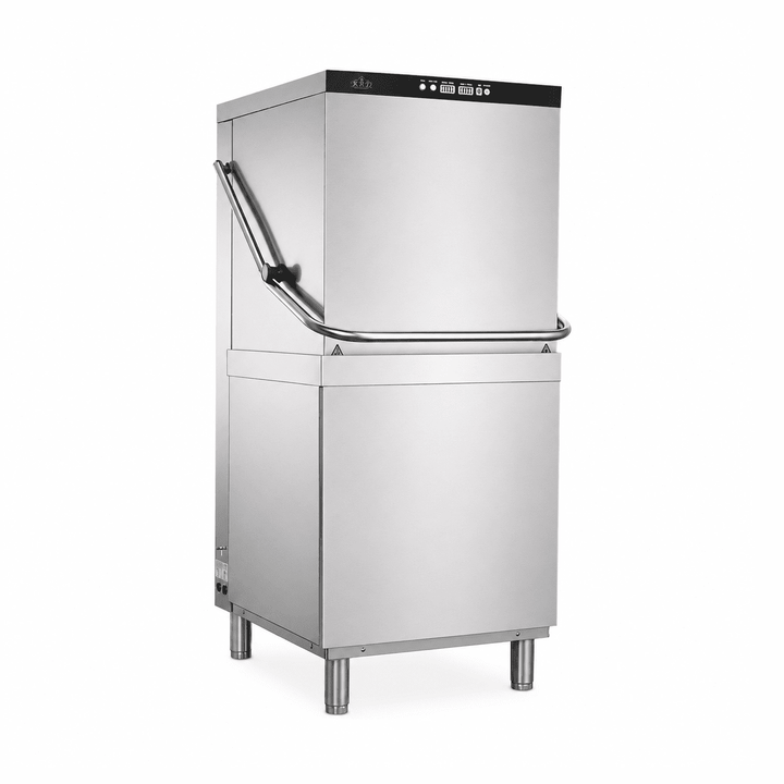 Stainless steel commercial dishwasher on a white background