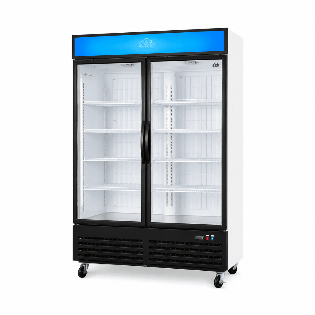Commercial freezer with glass doors on a white background