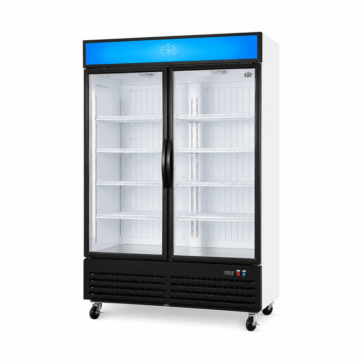 Commercial freezer with glass doors on a white background