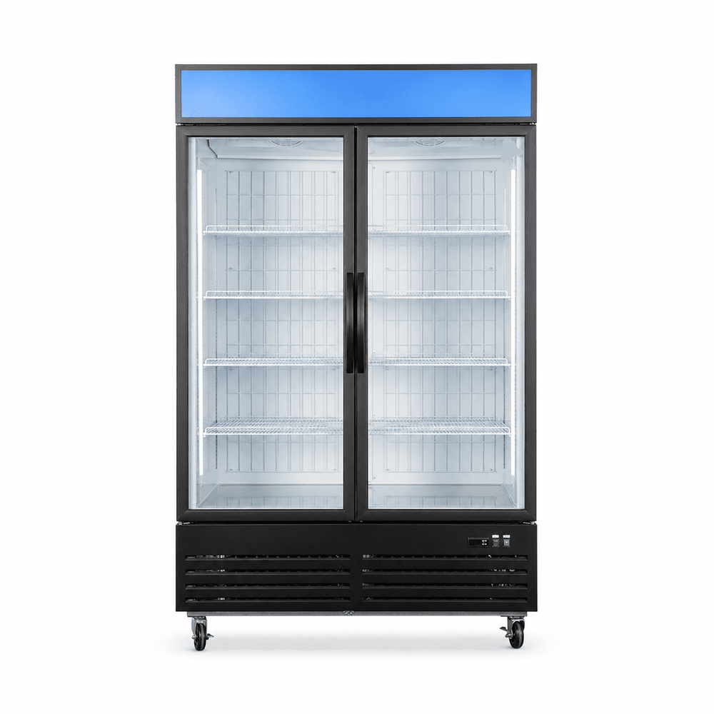 Commercial refrigerator with glass doors on a white background