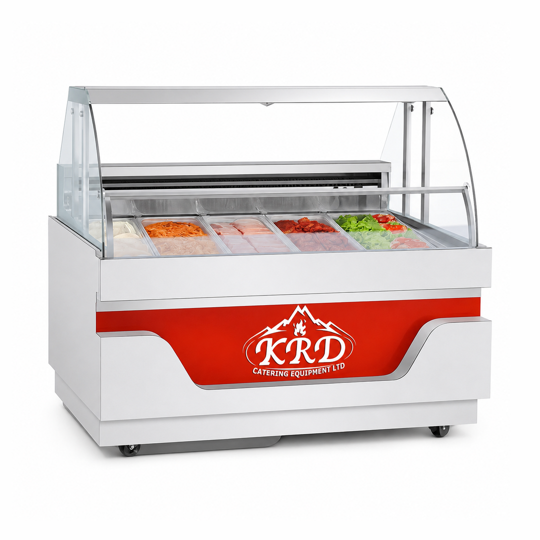 Display case with food items and KRD Catering Equipment Ltd logo on a white background