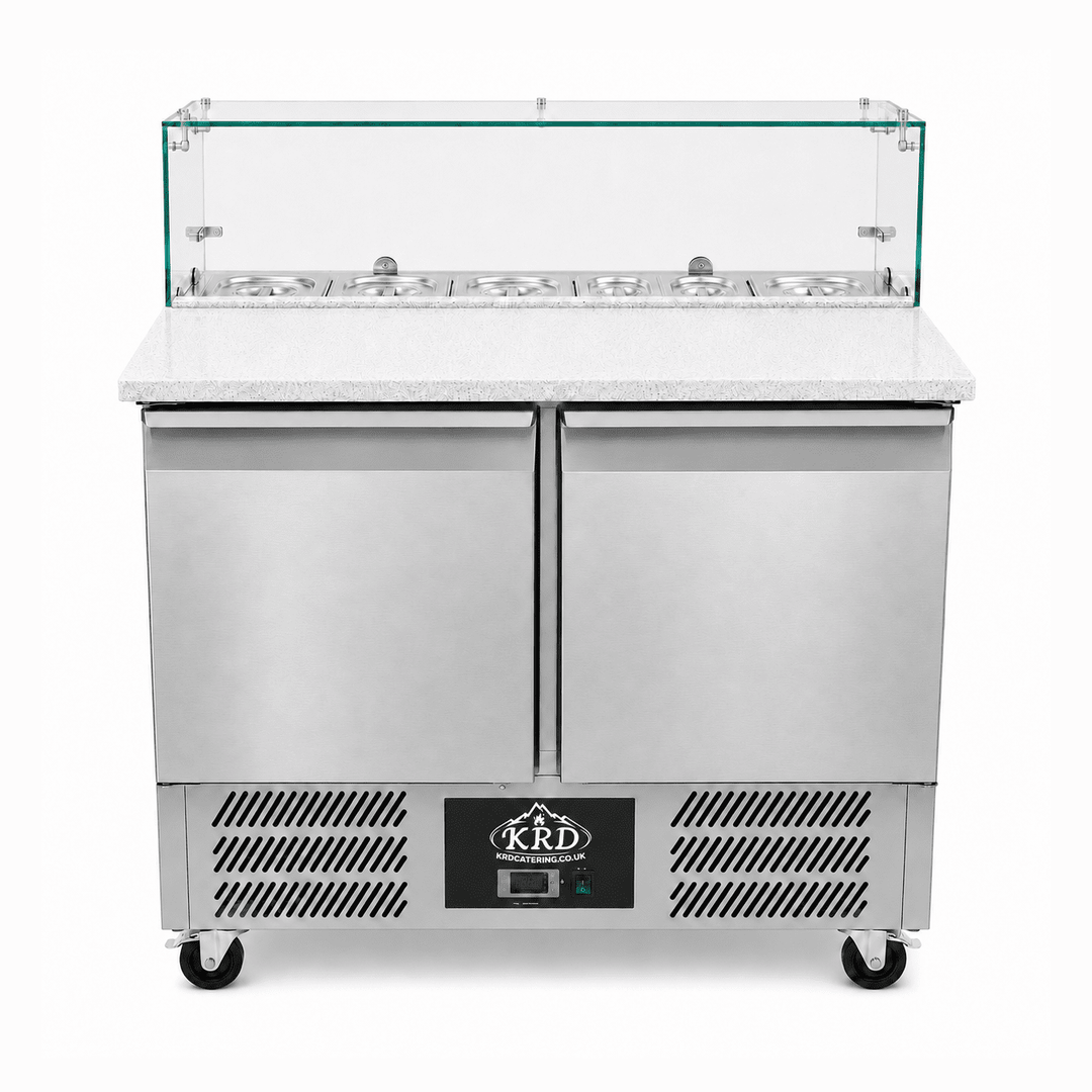 Commercial refrigeration unit with glass top on a white background