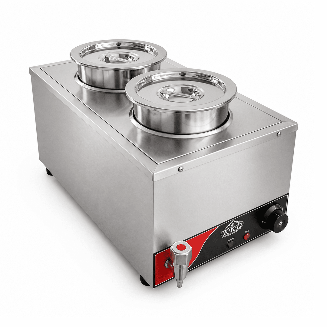 Stainless steel hot pot with two bowls on a white background