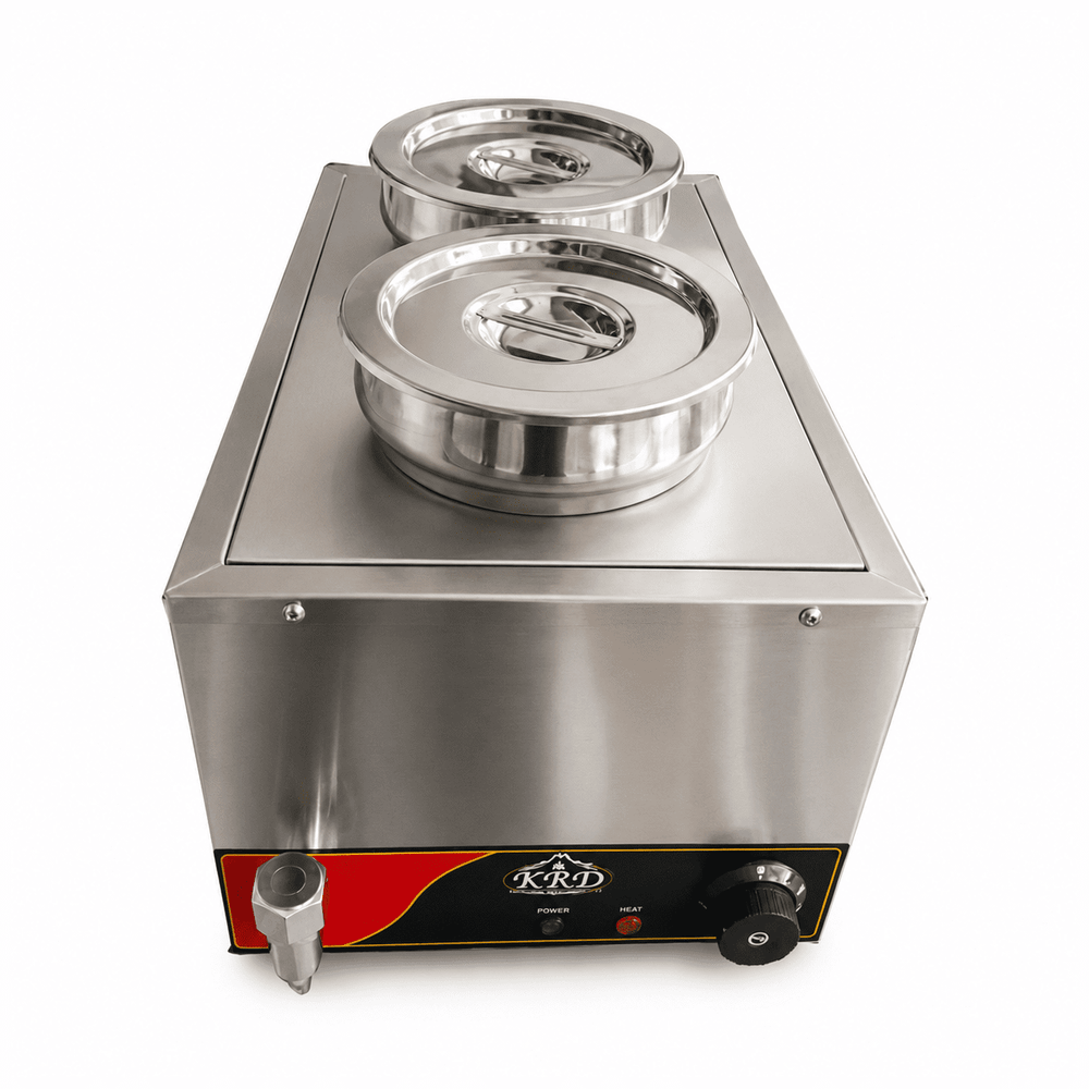 Stainless steel hot plate with two lids on a white background