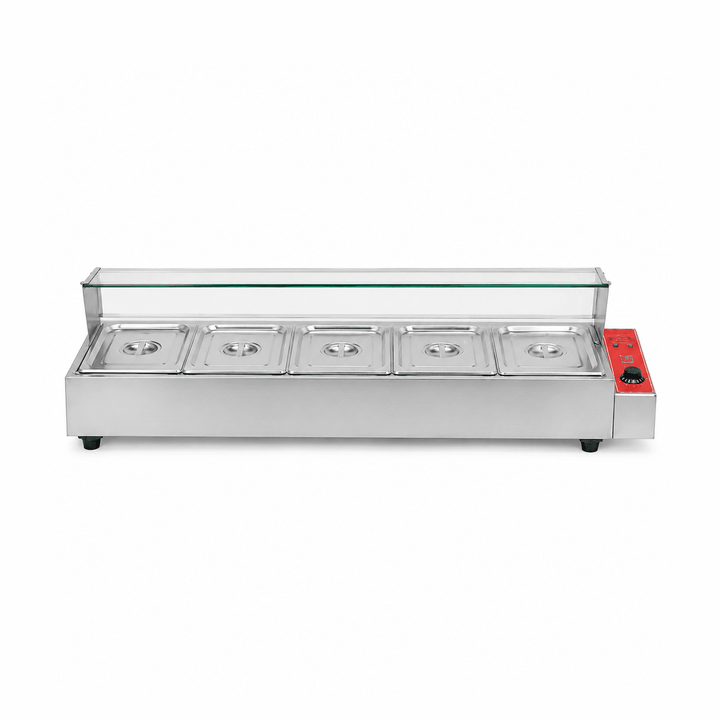 Commercial food warmer with glass cover on a white background