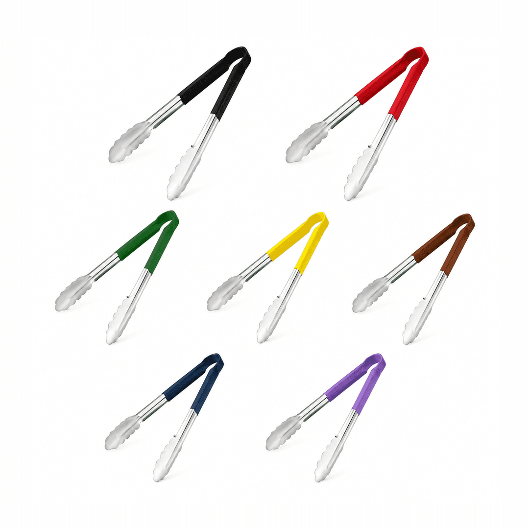 KRD Set of 7 Colour Coded Utility Tongs 12" 300mm Stainless Steel