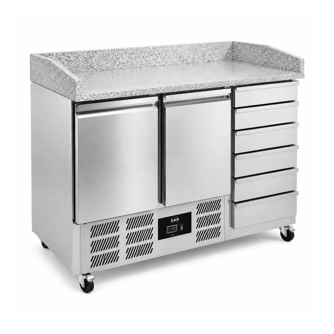 KRD Pizza Prep Counter Fridge 1400mm 2 Door 6 Drawers Granite Top S900PZ-CAS