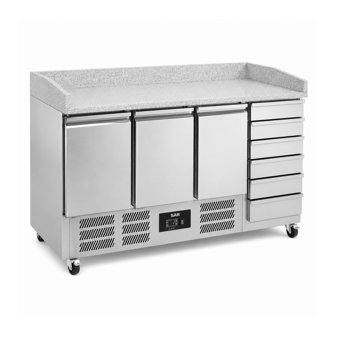 KRD Pizza Prep Counter Fridge 1795mm 3 Door 6 Drawers Granite Top S903PZ-CAS