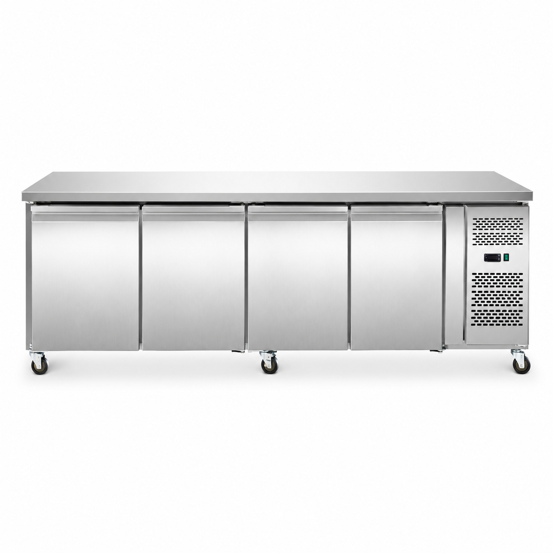 Stainless steel refrigeration unit with three doors on a white background