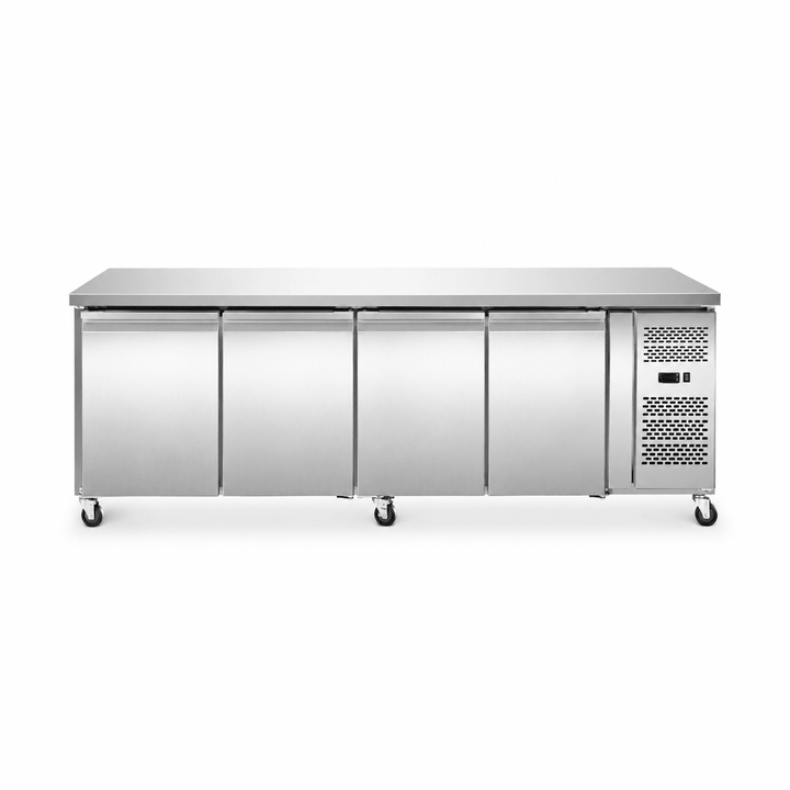Stainless steel refrigeration unit with three doors on a white background