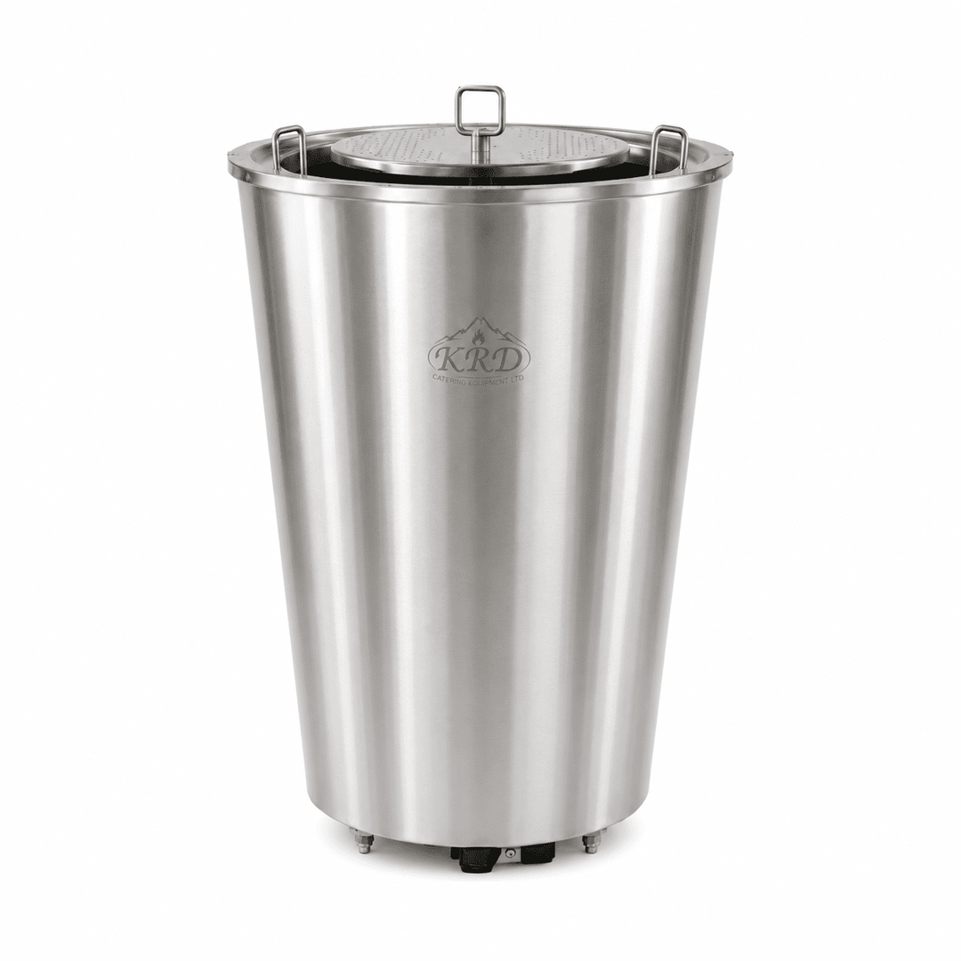Stainless steel bucket with a mesh bottom on a white background