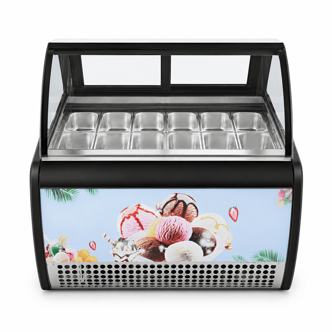 Ice cream display case with a colorful ice cream illustration on the front.