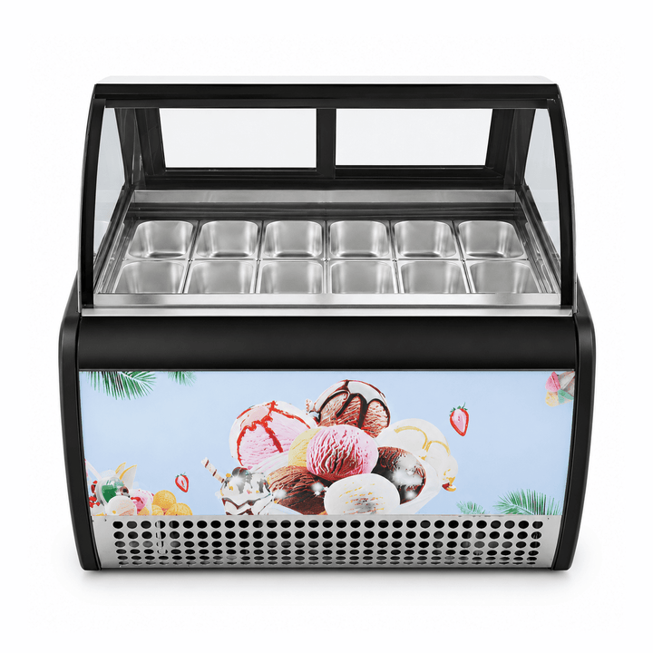 Ice cream display case with a colorful ice cream illustration on the front.