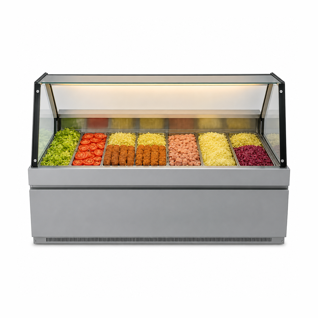 Display case with various colored food items on a white background